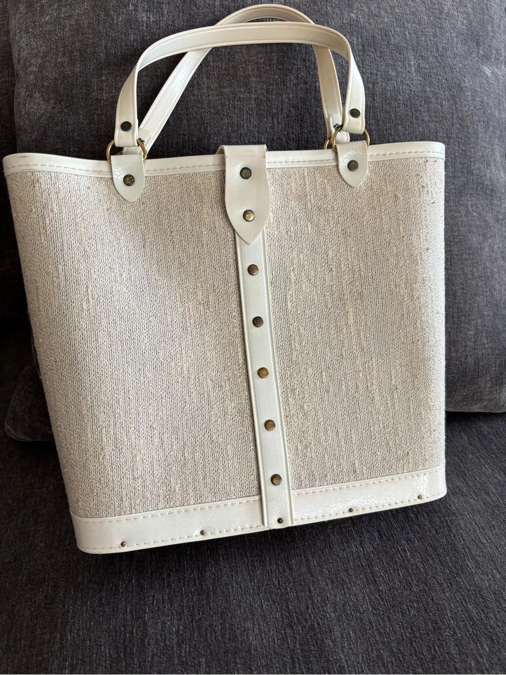 Embellished Beige Floral Tote Bag with White Trim